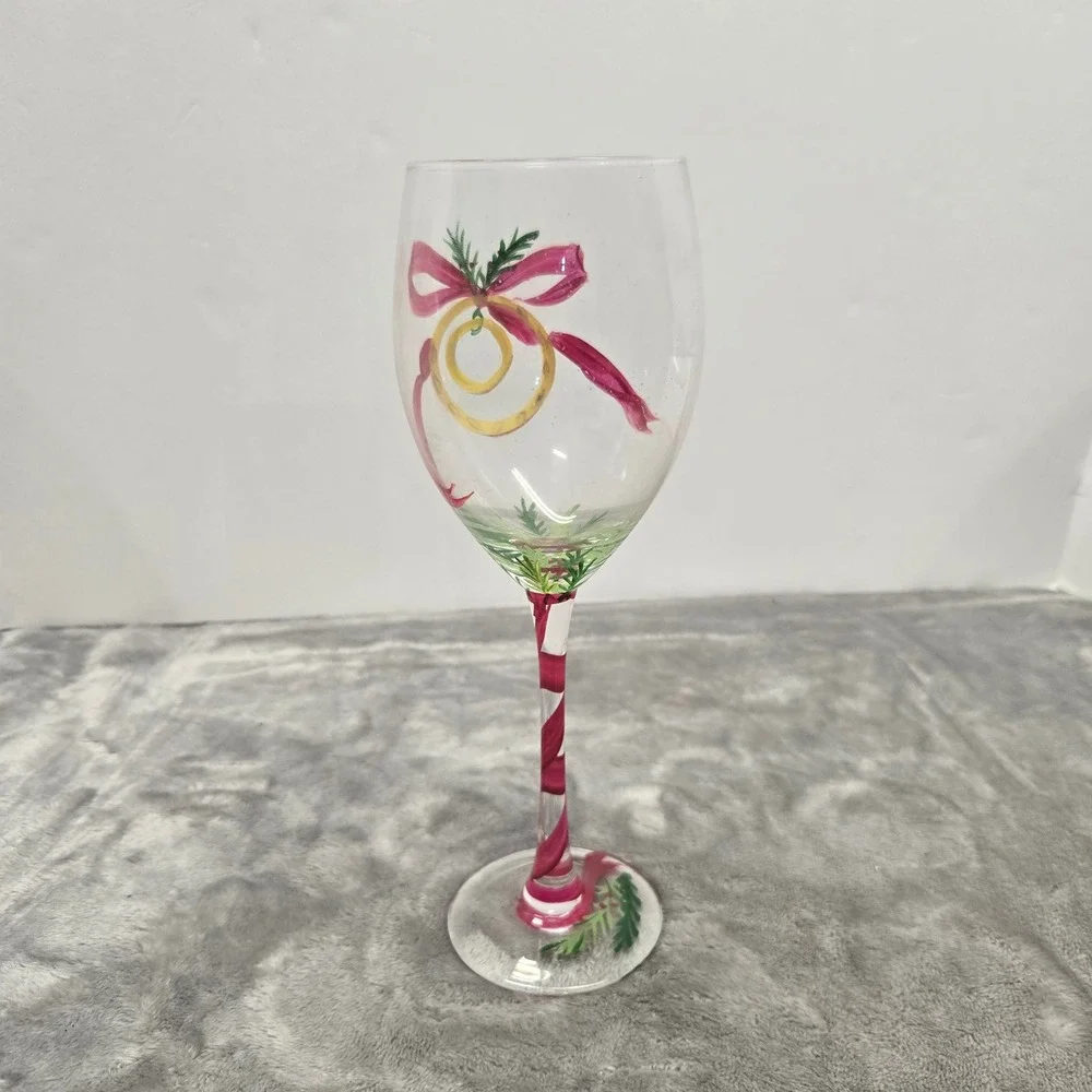Hand Painted Christmas Wine Glass Holiday Rings Red Bow Candy Cane Stem 9 inch